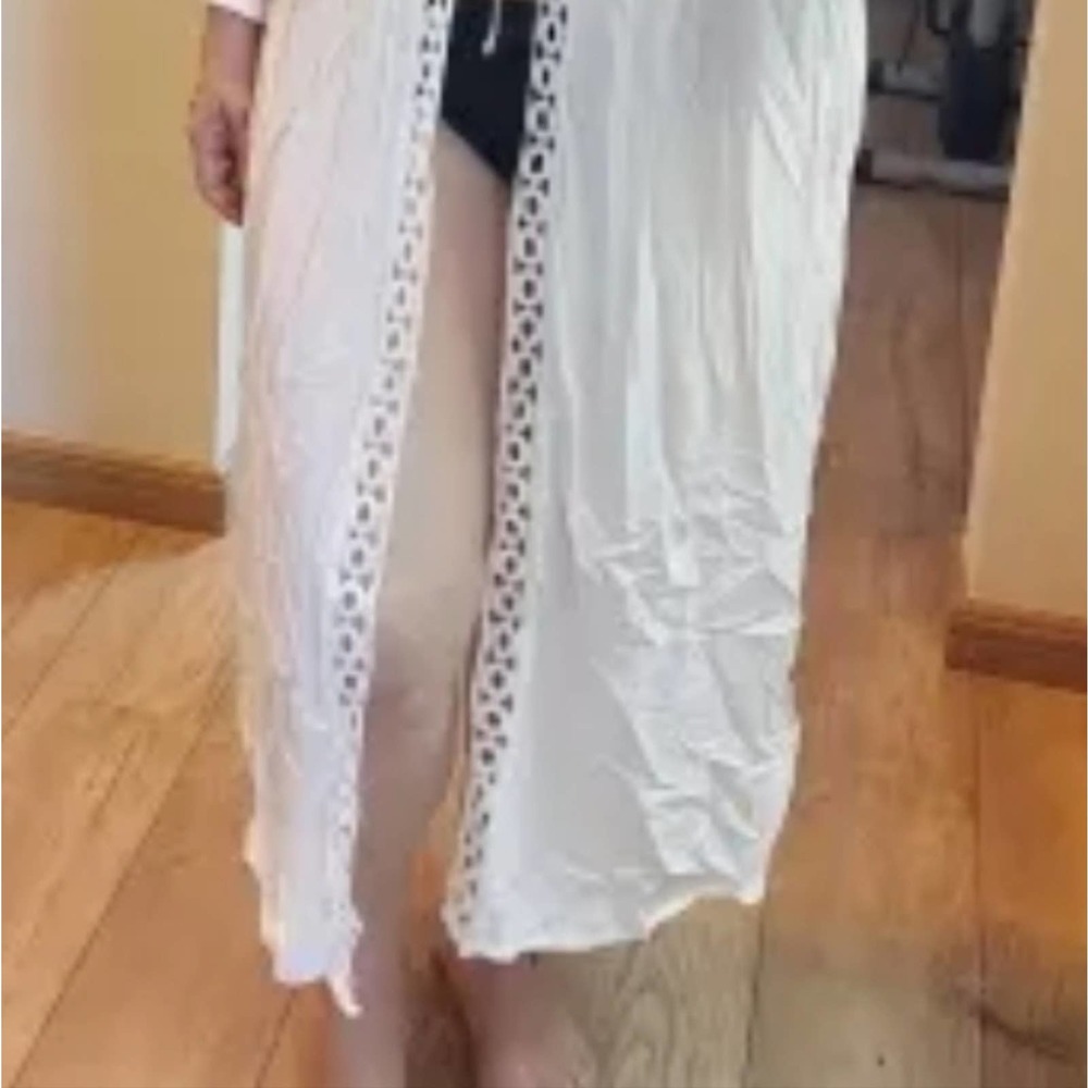 NWT White Linen Like Long Sleeve sheer tie front swim crochet Boho coverup - Picture 3 of 6